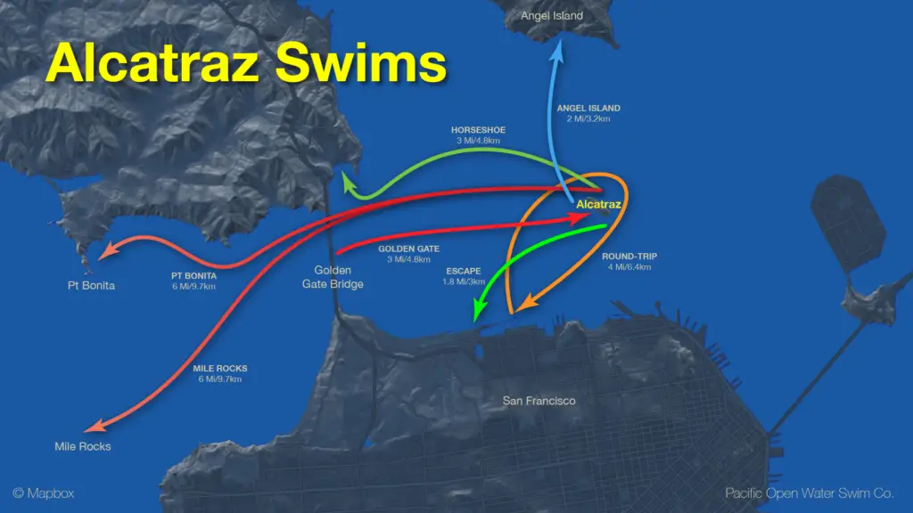 Alcatraz swim route map showing multiple swim variants, including Escape, Round-Trip, Horseshoe, Angel Island, Golden Gate, Pt. Bonita, and Mile Rocks.