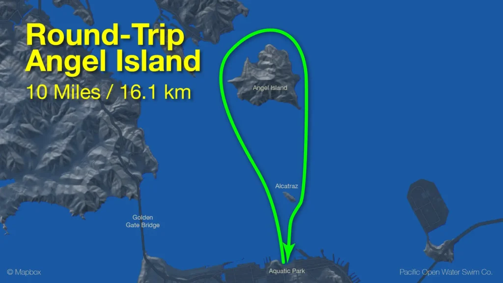 Map showing the Round Trip Angel Island route, a ten mile loop from Aquatic Park around Angel Island and back